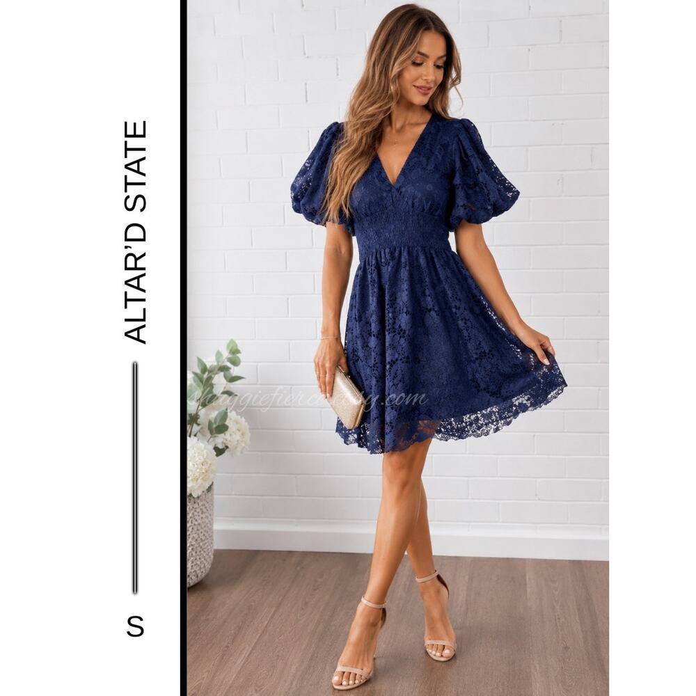 MSRP $98 ✨Altar’d State Navy Blue Puff Sleeve Lace Mini Dress Size S (fits S-M)✨